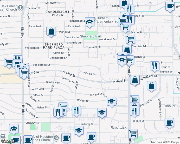 map of restaurants, bars, coffee shops, grocery stores, and more near 1339 Sue Barnett Drive in Houston