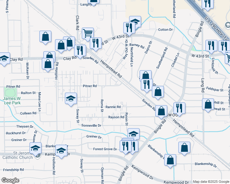 map of restaurants, bars, coffee shops, grocery stores, and more near 8521 Pitner Road in Houston