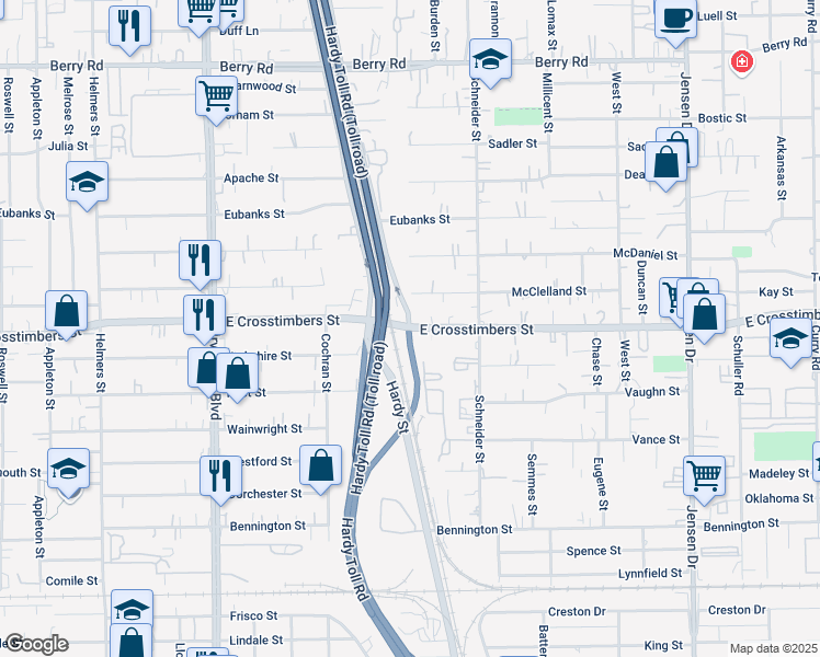 map of restaurants, bars, coffee shops, grocery stores, and more near 1700 East Crosstimbers Street in Houston