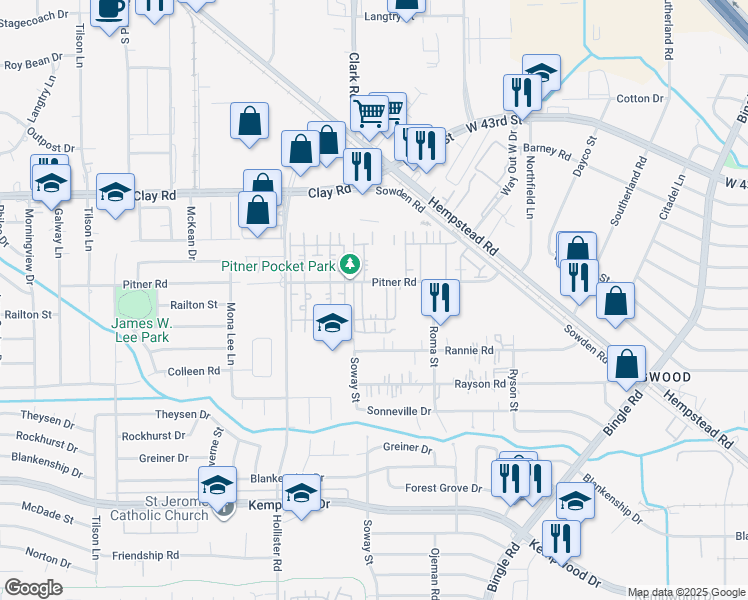 map of restaurants, bars, coffee shops, grocery stores, and more near 8655 Pitner Road in Houston