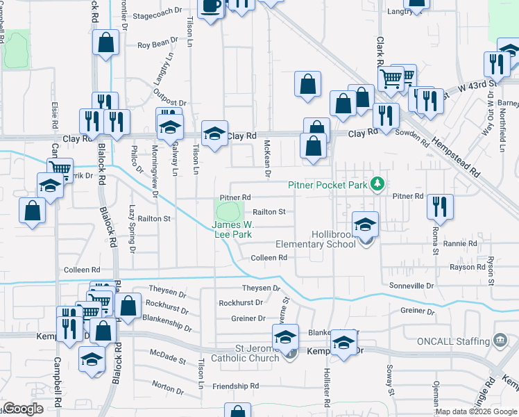 map of restaurants, bars, coffee shops, grocery stores, and more near 9007 Pitner Road in Houston