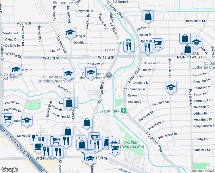 map of restaurants, bars, coffee shops, grocery stores, and more near 4000 Watonga Boulevard in Houston