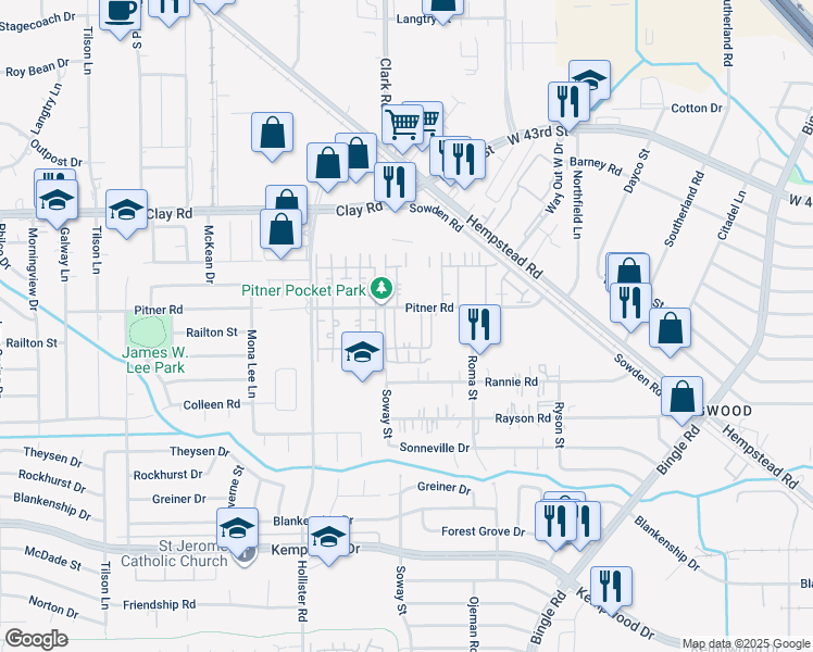 map of restaurants, bars, coffee shops, grocery stores, and more near 8655 Pitner Road in Houston