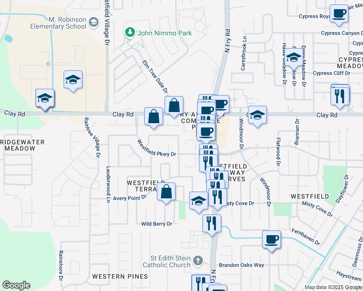map of restaurants, bars, coffee shops, grocery stores, and more near 20131 Cable Brook Lane in Katy