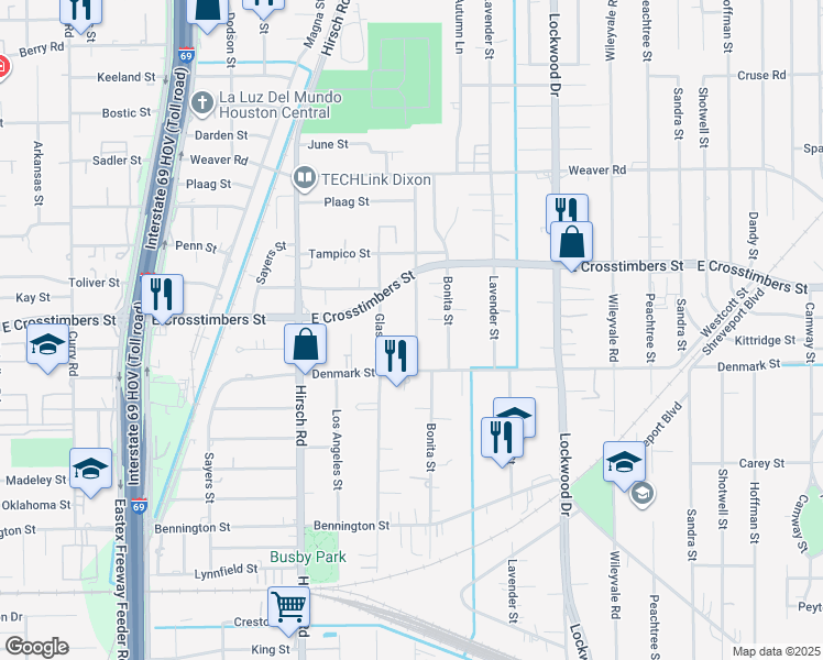 map of restaurants, bars, coffee shops, grocery stores, and more near 7621 Pointer Street in Houston