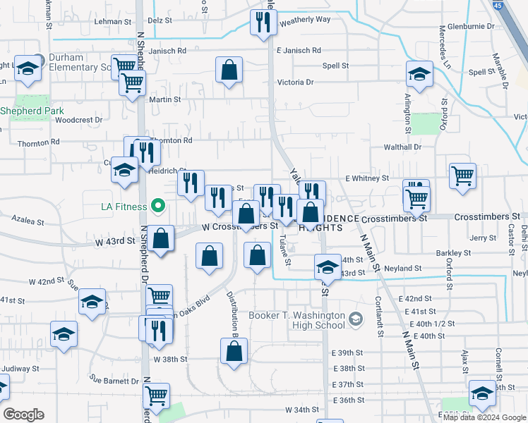 map of restaurants, bars, coffee shops, grocery stores, and more near 4411 Old Yale Street in Houston