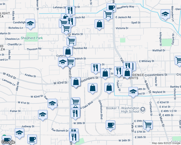 map of restaurants, bars, coffee shops, grocery stores, and more near 508 West Crosstimbers Street in Houston