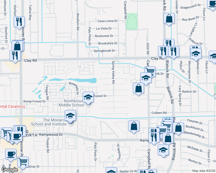 map of restaurants, bars, coffee shops, grocery stores, and more near 9707 Springmont Drive in Houston
