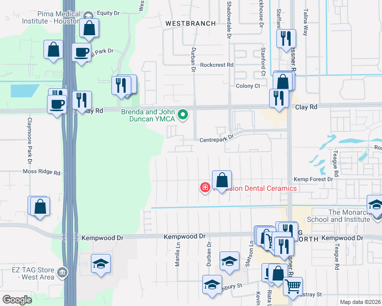 map of restaurants, bars, coffee shops, grocery stores, and more near 10401 Centrepark Drive in Houston