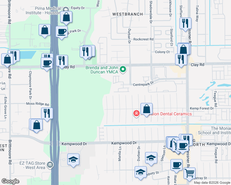 map of restaurants, bars, coffee shops, grocery stores, and more near 10713 Centre Forest Drive in Houston