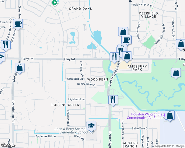 map of restaurants, bars, coffee shops, grocery stores, and more near 18551 Trail Bend Lane in Houston