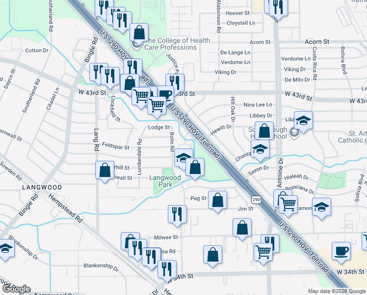 map of restaurants, bars, coffee shops, grocery stores, and more near 11911 Northwest Freeway in Houston