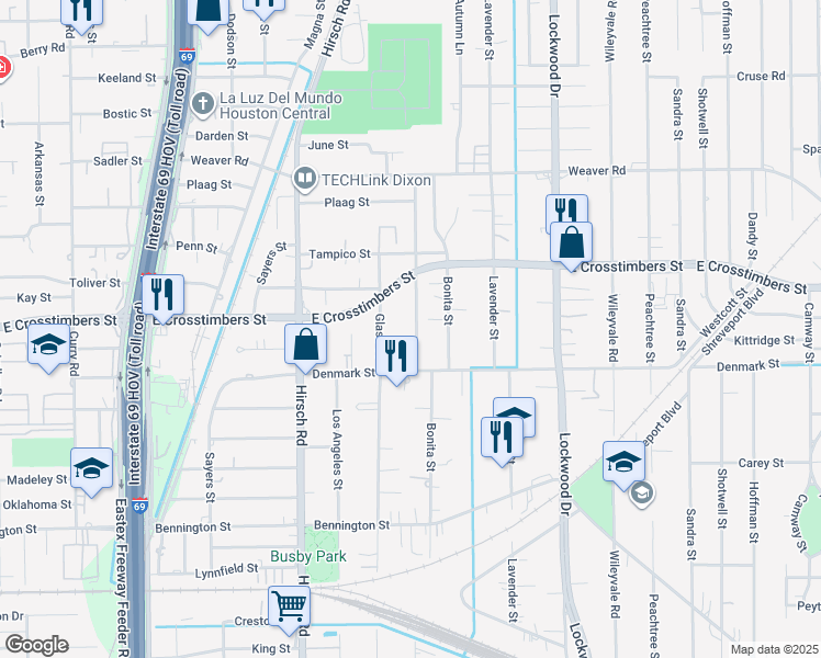 map of restaurants, bars, coffee shops, grocery stores, and more near 7621 Pointer Street in Houston