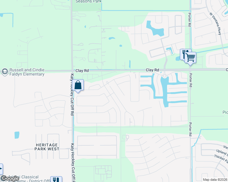 map of restaurants, bars, coffee shops, grocery stores, and more near 3806 Giorgio Pastel Place in Katy