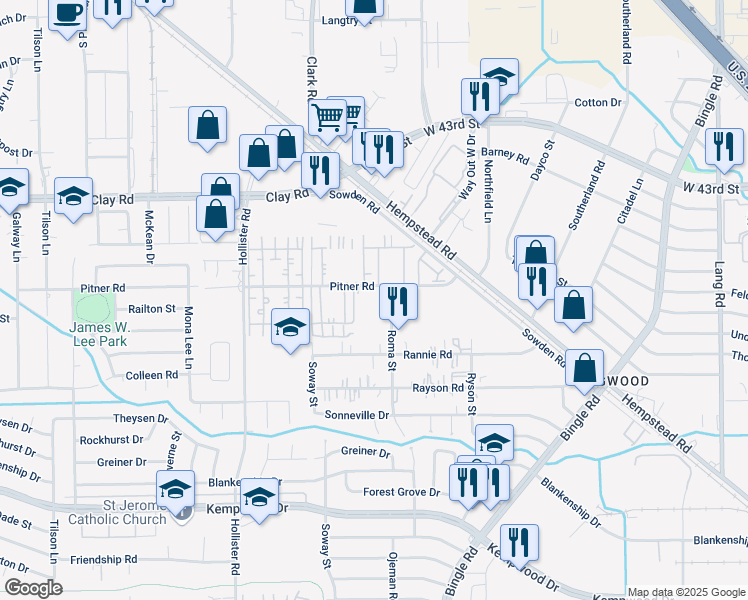 map of restaurants, bars, coffee shops, grocery stores, and more near 8526 Pitner Road in Houston