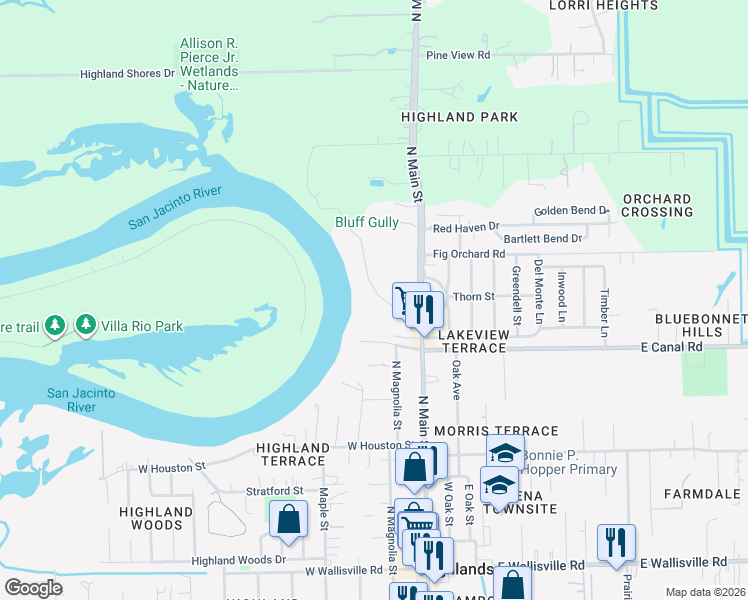 map of restaurants, bars, coffee shops, grocery stores, and more near 203 Riverside Street in Highlands