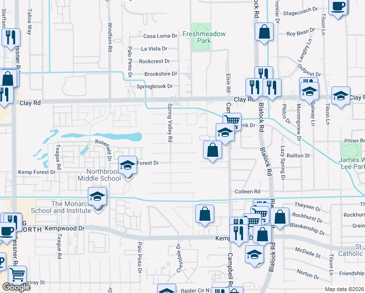 map of restaurants, bars, coffee shops, grocery stores, and more near 9623 Springmont Drive in Houston