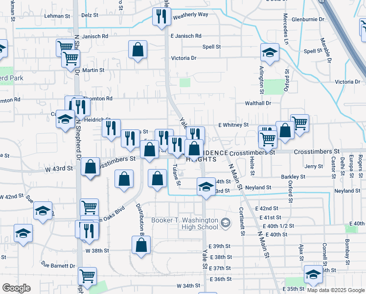 map of restaurants, bars, coffee shops, grocery stores, and more near 124 West Crosstimbers Street in Houston