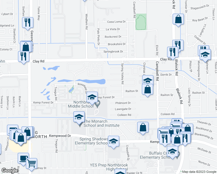 map of restaurants, bars, coffee shops, grocery stores, and more near 9739 Springmont Drive in Houston