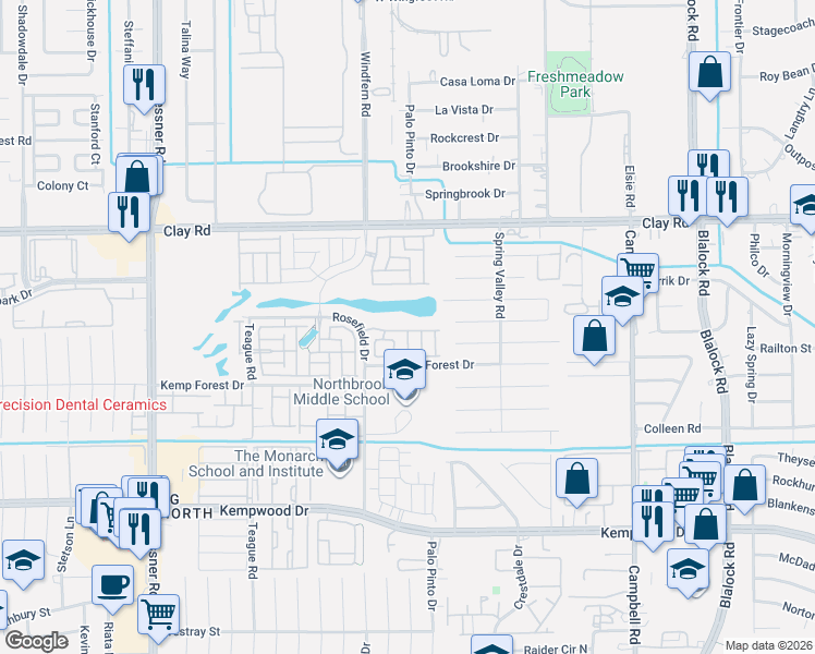 map of restaurants, bars, coffee shops, grocery stores, and more near 9739 Springmont Drive in Houston