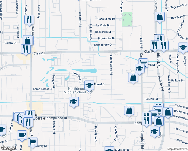map of restaurants, bars, coffee shops, grocery stores, and more near 9739 Springmont Drive in Houston
