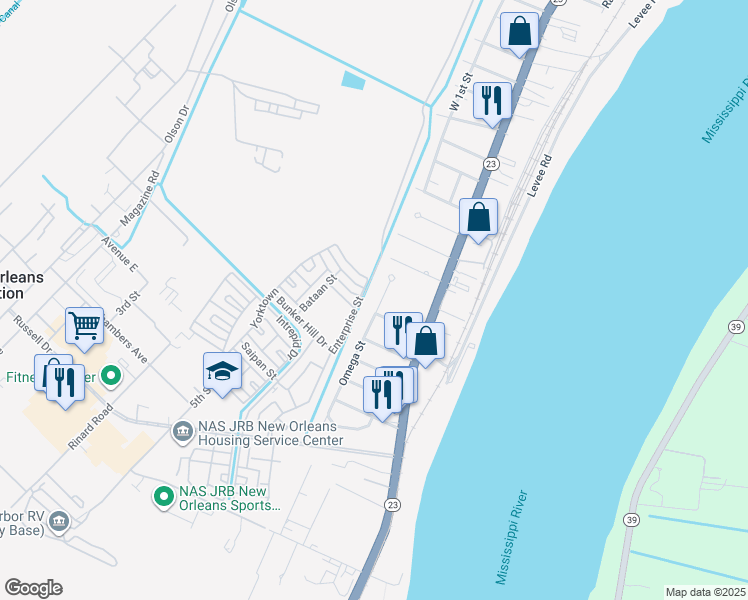 map of restaurants, bars, coffee shops, grocery stores, and more near 201 Omega Street in Belle Chasse