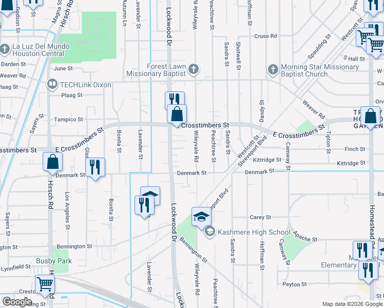 map of restaurants, bars, coffee shops, grocery stores, and more near 7611 Wileyvale Road in Houston