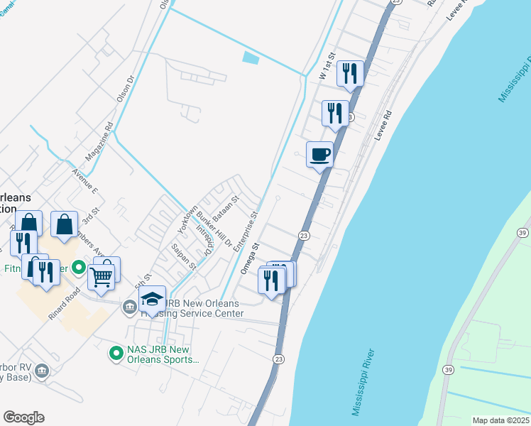 map of restaurants, bars, coffee shops, grocery stores, and more near 201 Omega Street in Belle Chasse
