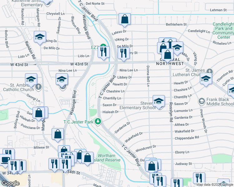 map of restaurants, bars, coffee shops, grocery stores, and more near 2303 Cheshire Lane in Houston