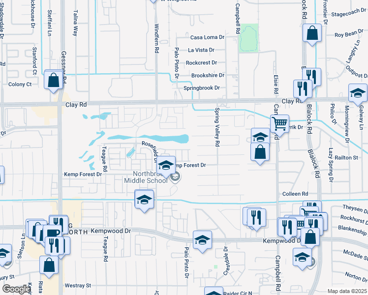 map of restaurants, bars, coffee shops, grocery stores, and more near 9739 Springmont Drive in Houston