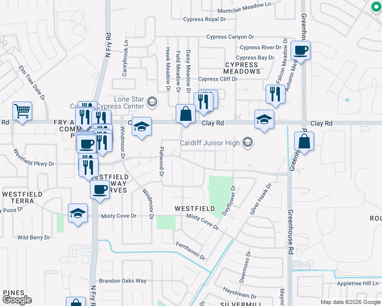 map of restaurants, bars, coffee shops, grocery stores, and more near 3915 Bogden Village Circle in Katy