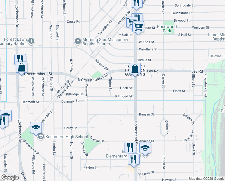 map of restaurants, bars, coffee shops, grocery stores, and more near 6832 Finch Street in Houston