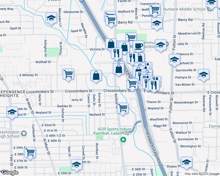 map of restaurants, bars, coffee shops, grocery stores, and more near 1217 Crosstimbers Street in Houston