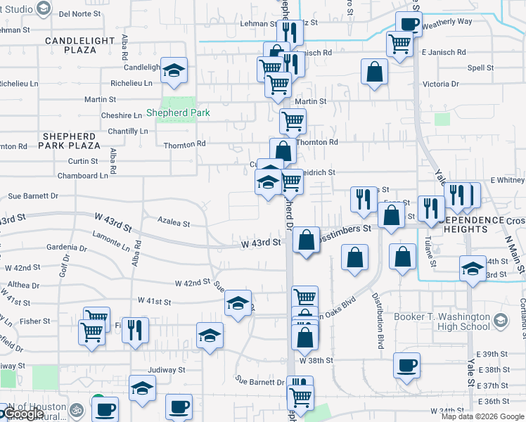 map of restaurants, bars, coffee shops, grocery stores, and more near 627 Azaleadell Drive in Houston