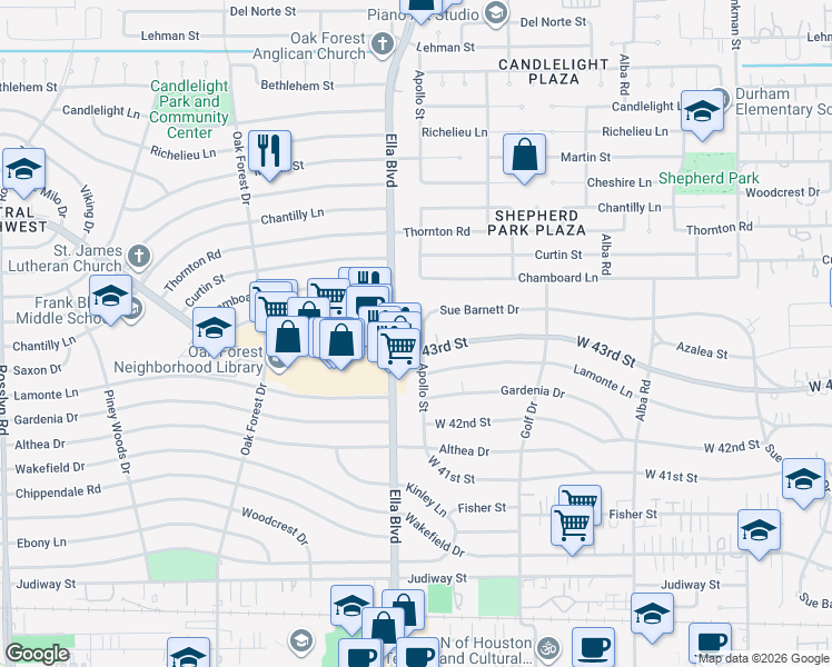 map of restaurants, bars, coffee shops, grocery stores, and more near 4311 Apollo Street in Houston