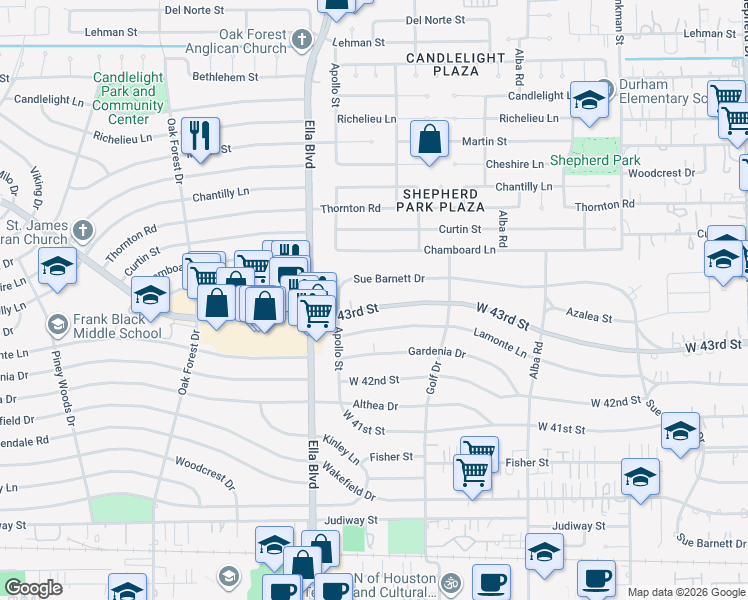 map of restaurants, bars, coffee shops, grocery stores, and more near 1066 West 43rd Street in Houston