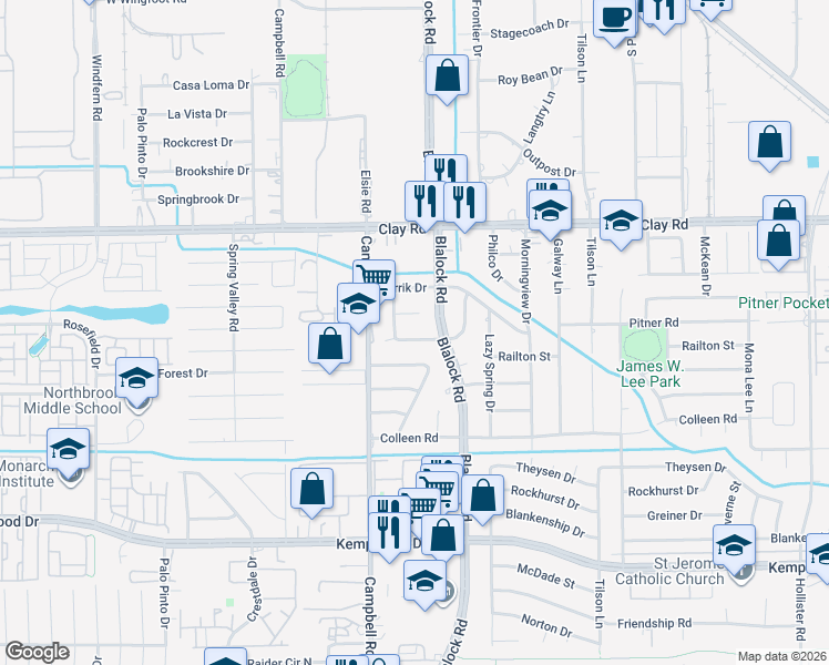 map of restaurants, bars, coffee shops, grocery stores, and more near 9422 Springmont Drive in Houston