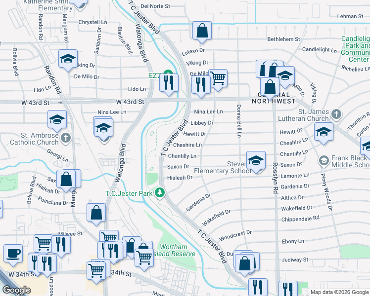 map of restaurants, bars, coffee shops, grocery stores, and more near 2303 Cheshire Lane in Houston