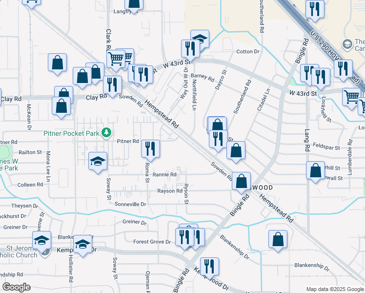 map of restaurants, bars, coffee shops, grocery stores, and more near 12407 Sowden Road in Houston