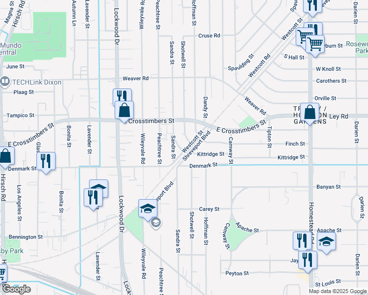 map of restaurants, bars, coffee shops, grocery stores, and more near 7602 Sandradale Street in Houston