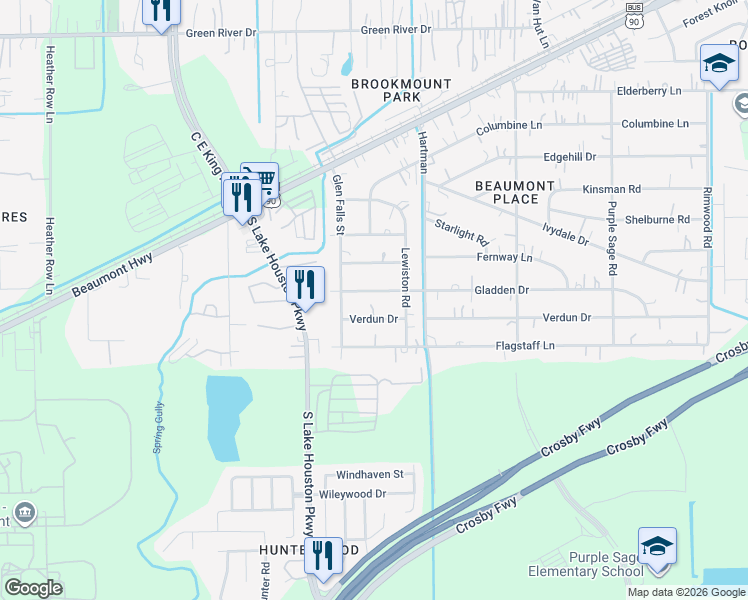 map of restaurants, bars, coffee shops, grocery stores, and more near 12714 Gladden Drive in Houston