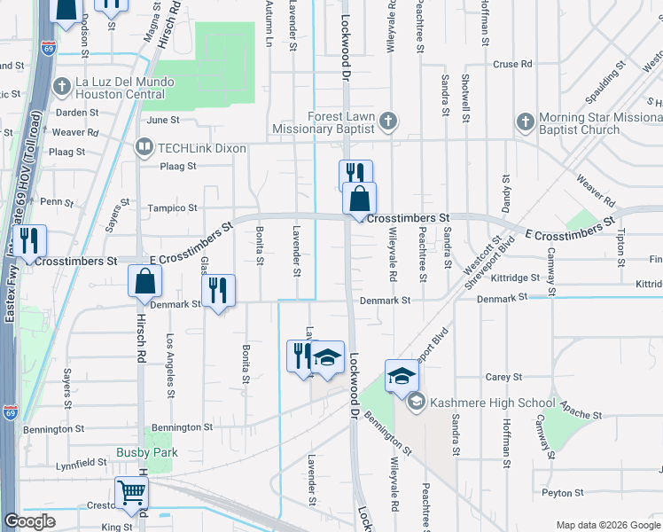 map of restaurants, bars, coffee shops, grocery stores, and more near 7611 Lockwood Drive in Houston