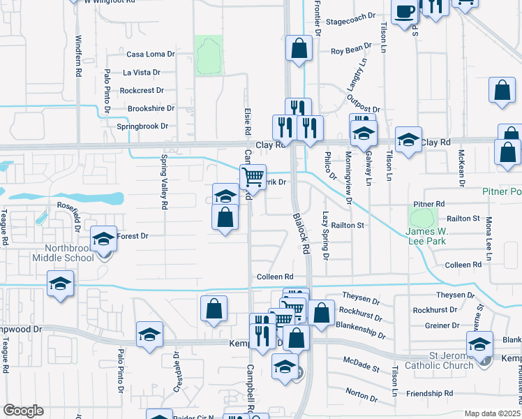 map of restaurants, bars, coffee shops, grocery stores, and more near 3911 Springmeadows Street in Houston