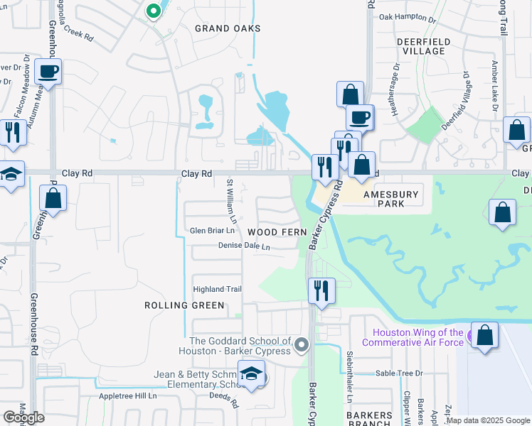 map of restaurants, bars, coffee shops, grocery stores, and more near 18551 Trail Bend Lane in Houston