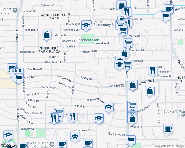 map of restaurants, bars, coffee shops, grocery stores, and more near 1317 Sue Barnett Drive in Houston