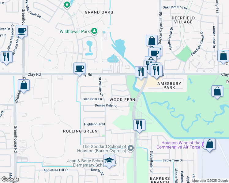 map of restaurants, bars, coffee shops, grocery stores, and more near 18551 Trail Bend Lane in Houston