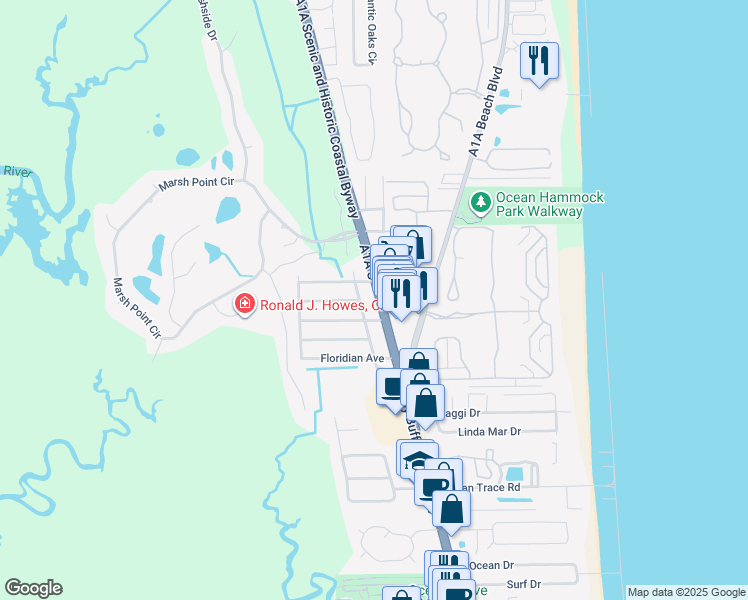 map of restaurants, bars, coffee shops, grocery stores, and more near 3661 Florida A1A in St. Augustine Beach