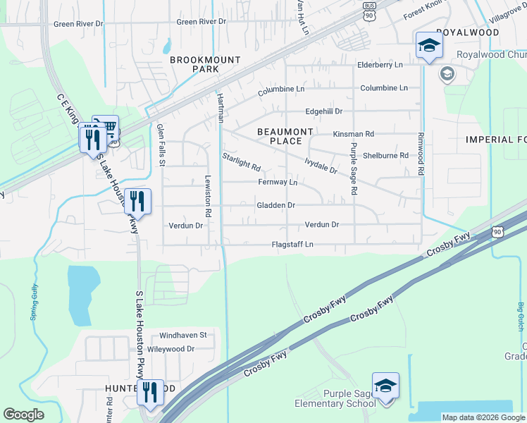 map of restaurants, bars, coffee shops, grocery stores, and more near 12906 Gladden Drive in Houston