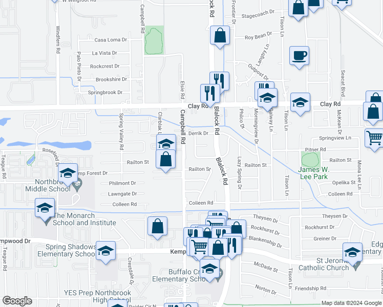 map of restaurants, bars, coffee shops, grocery stores, and more near 3911 Springmeadows Street in Houston