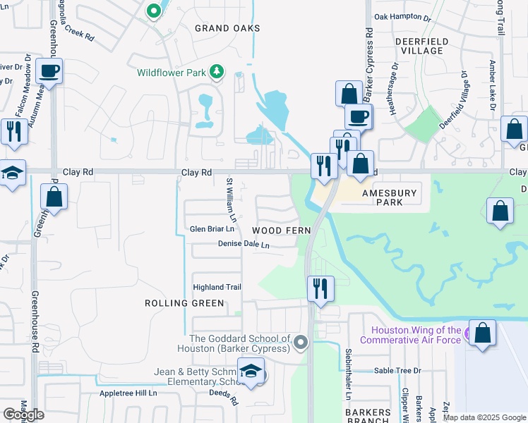 map of restaurants, bars, coffee shops, grocery stores, and more near 18551 Trail Bend Lane in Houston